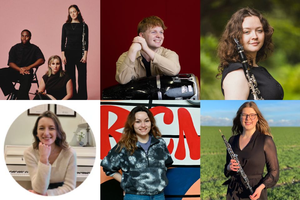 Collage of six images, the top left shows a group of three people, the rest all show headshots of young white people, some holding instruments.